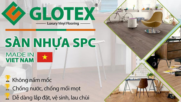 Sàn nhựa vân gỗ Glotex với màu sắc tự nhiên, dễ dàng vệ sinh và giá thành cực kì rẻ.