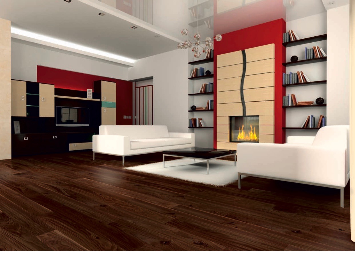 Sàn gỗ màu óc chó tone nâu đậm tạo điểm nhấn cho không gian sử dụng nội thất đơn giản.